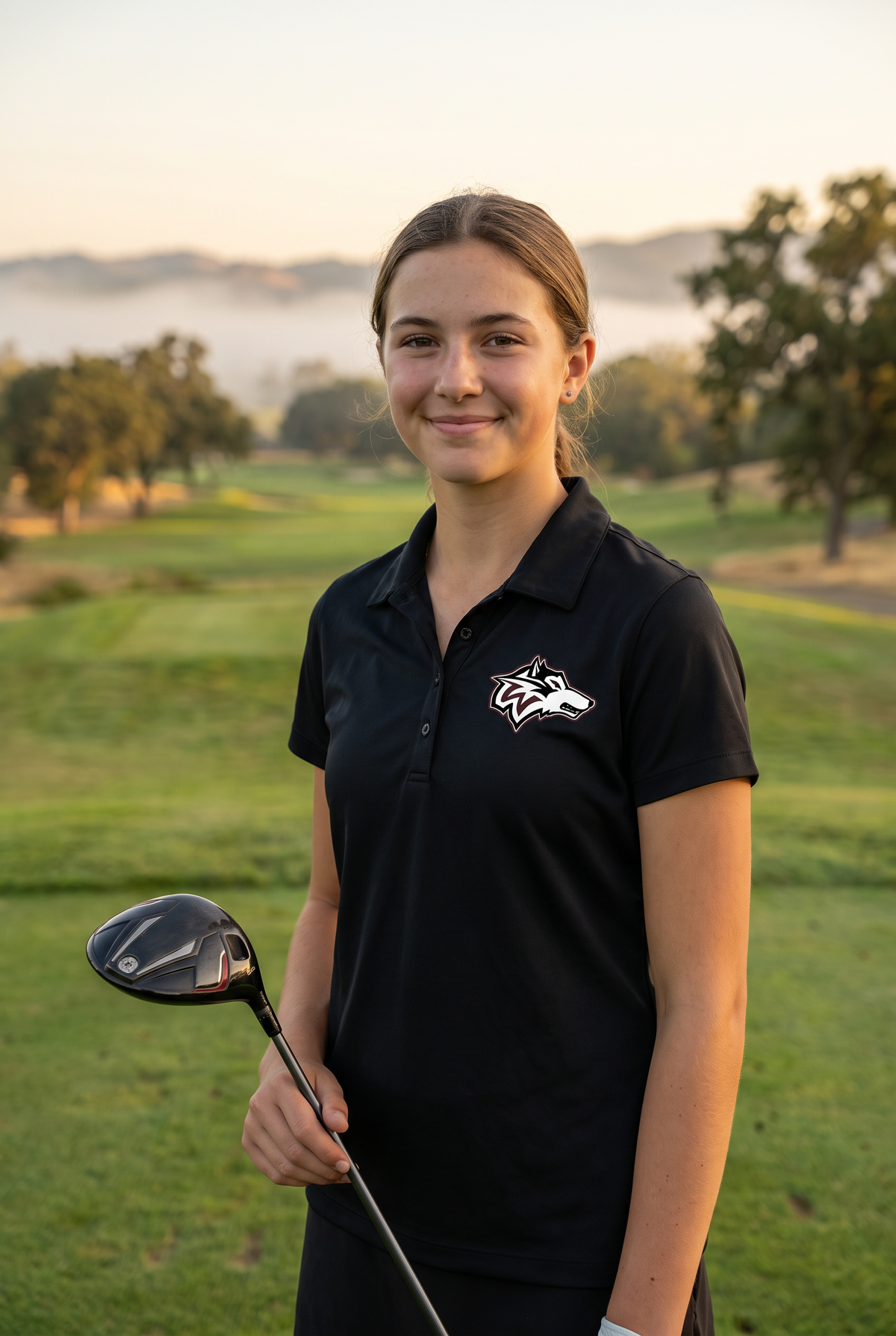 Woodcreek Girls Golf Polo in Black, second view on a foggy morning tee box