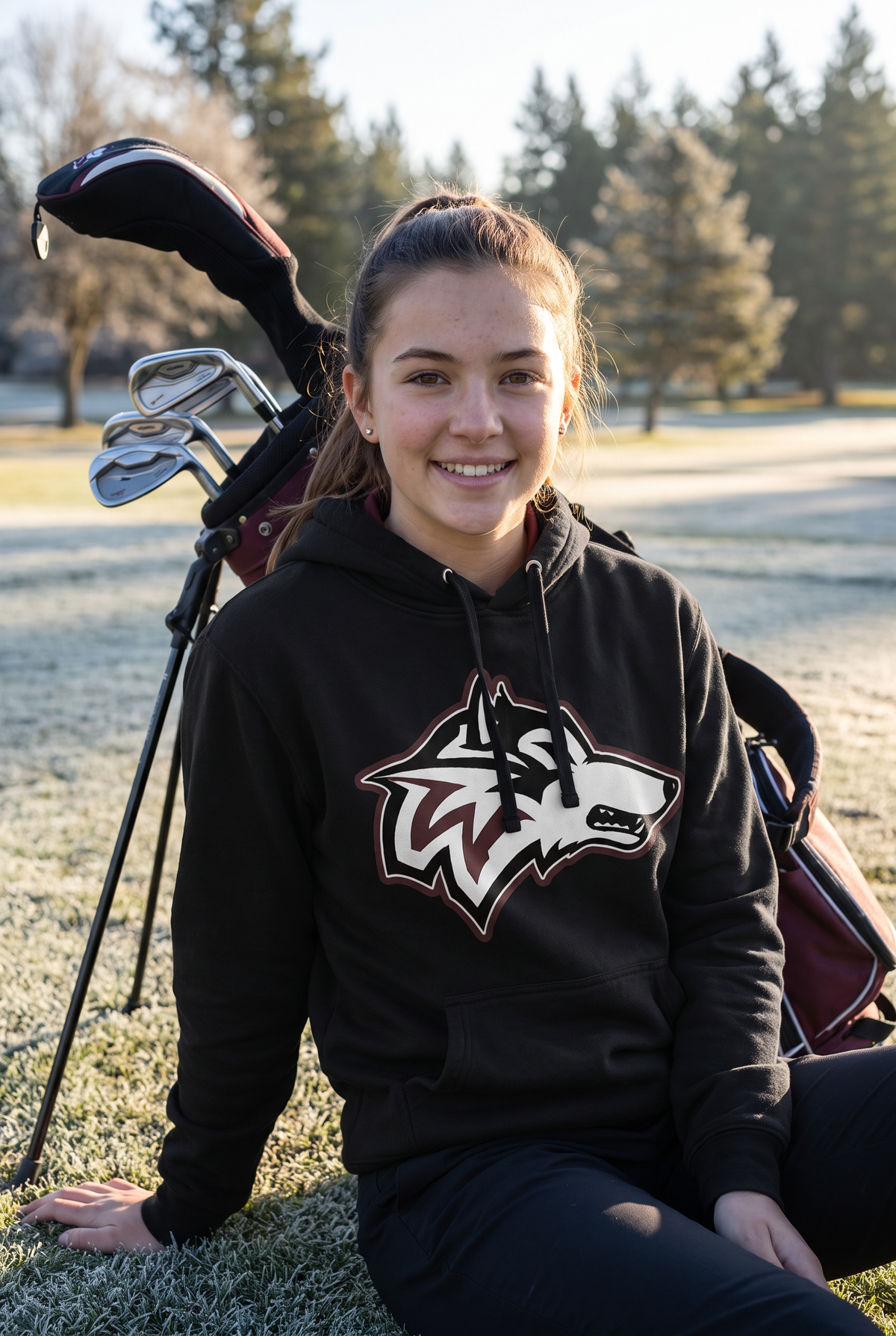 Woodcreek Girls Golf Fleece Hoodie in Black, second view beside the bag at sunrise
