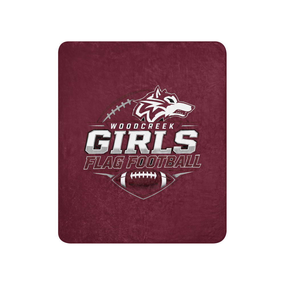 Woodcreek Girls Flag Football sherpa blanket, gameday logo on maroon