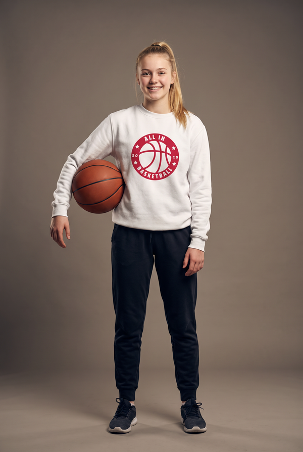 All In badge crewneck — editorial, worn by athlete