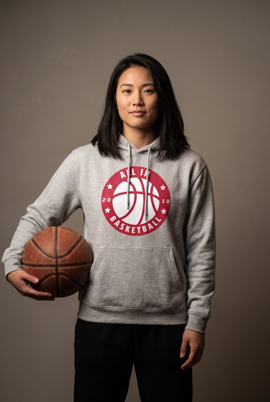 All In badge hoodie — editorial, worn by athlete