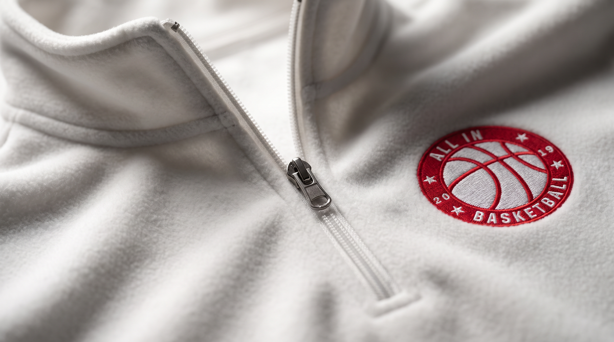 All In badge quarter zip — collar and logo detail