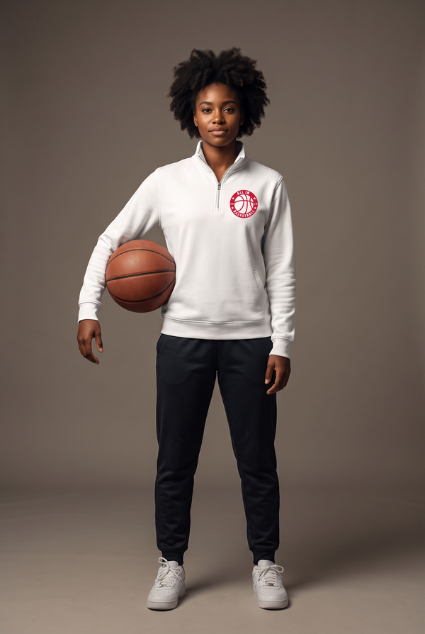 All In badge quarter zip — editorial, worn by athlete
