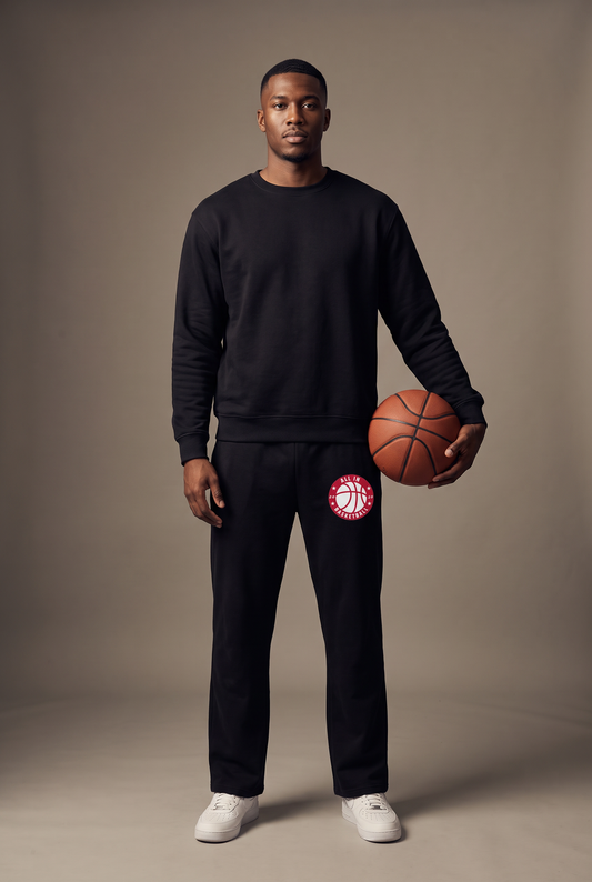 All In badge sweatpants — editorial, worn by athlete
