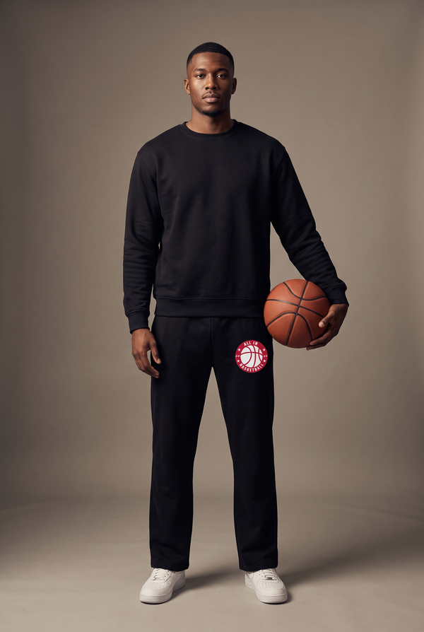 All In badge sweatpants — editorial, worn by athlete
