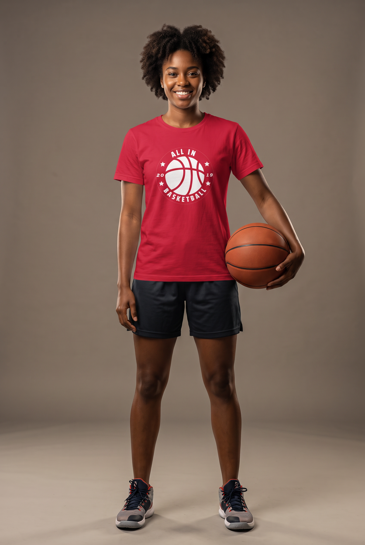 All In badge tee — editorial, worn by athlete