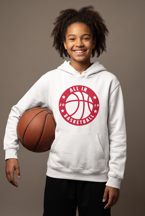 All In badge youth hoodie — editorial, worn by young athlete