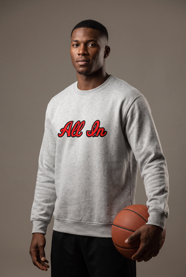 All In script crewneck — editorial, worn by athlete