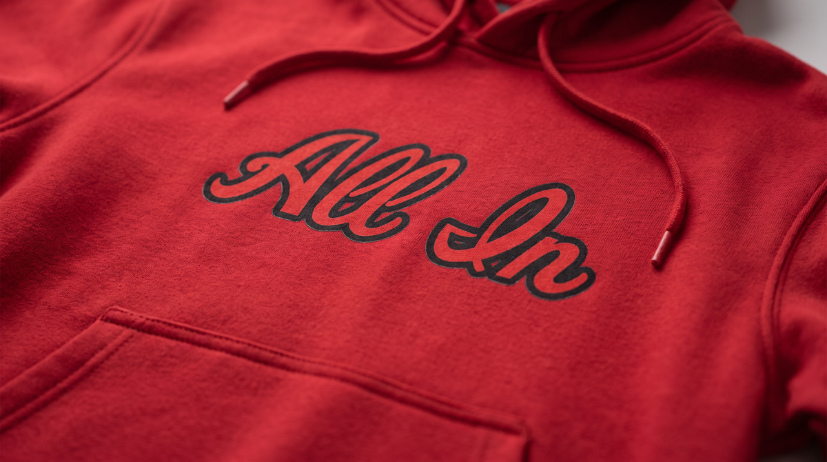 All In script hoodie — script detail