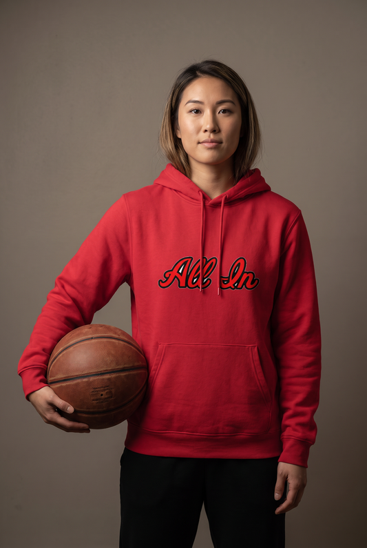 All In script hoodie — editorial, worn by athlete