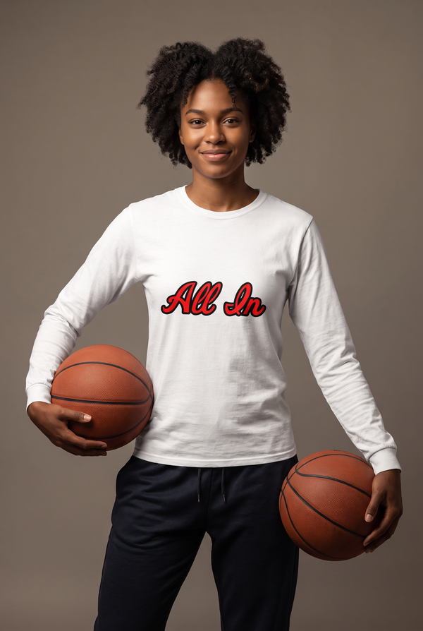 All In script long sleeve — editorial, worn by athlete