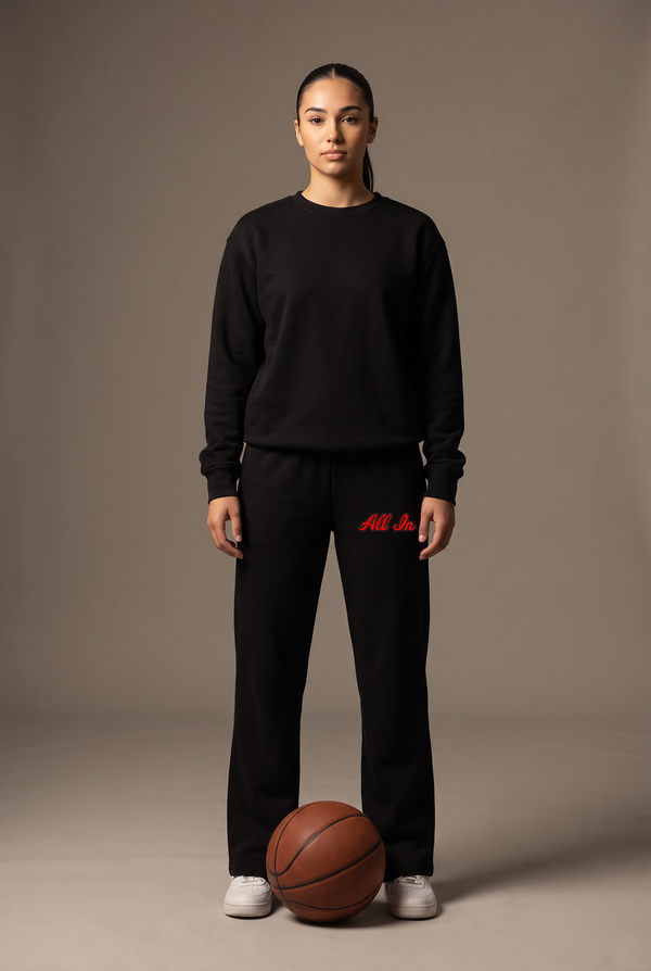 All In script sweatpants — editorial, worn by athlete