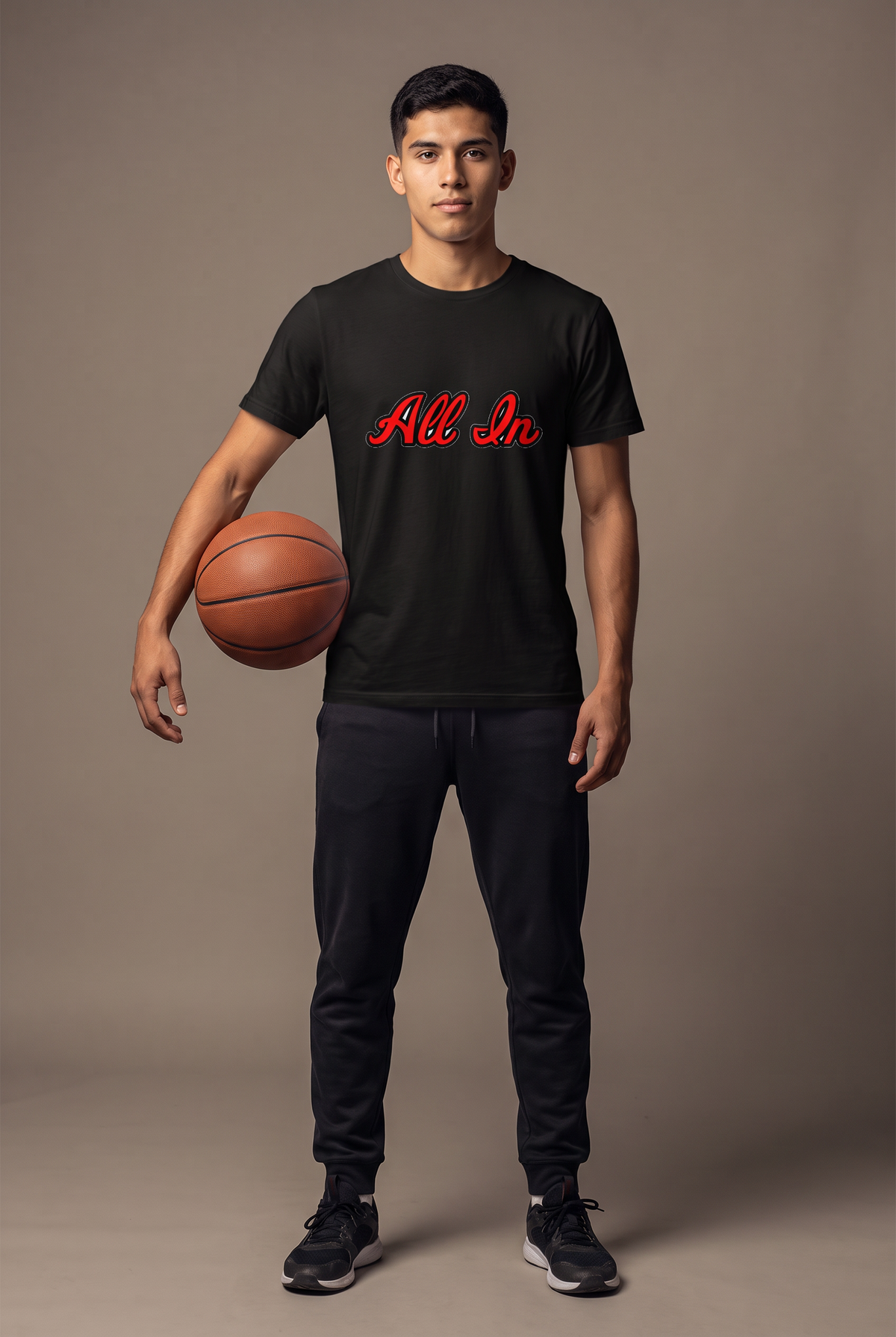 All In script tee — editorial, worn by athlete