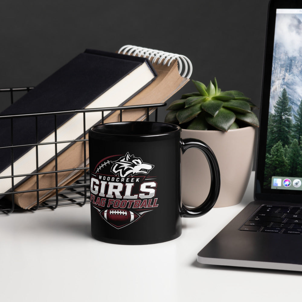 Woodcreek Girls Flag Football Black Mug, 11 oz (lifestyle)