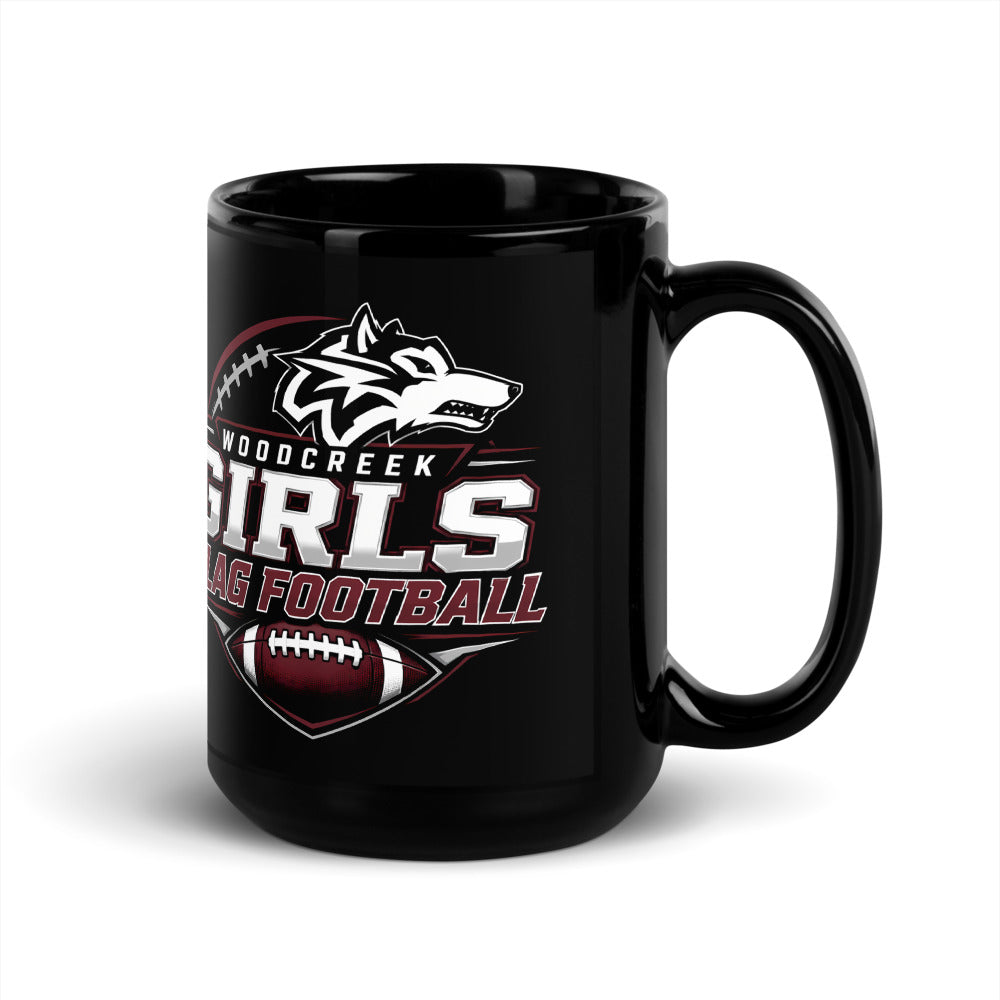 Woodcreek Girls Flag Football Black Mug, 15 oz