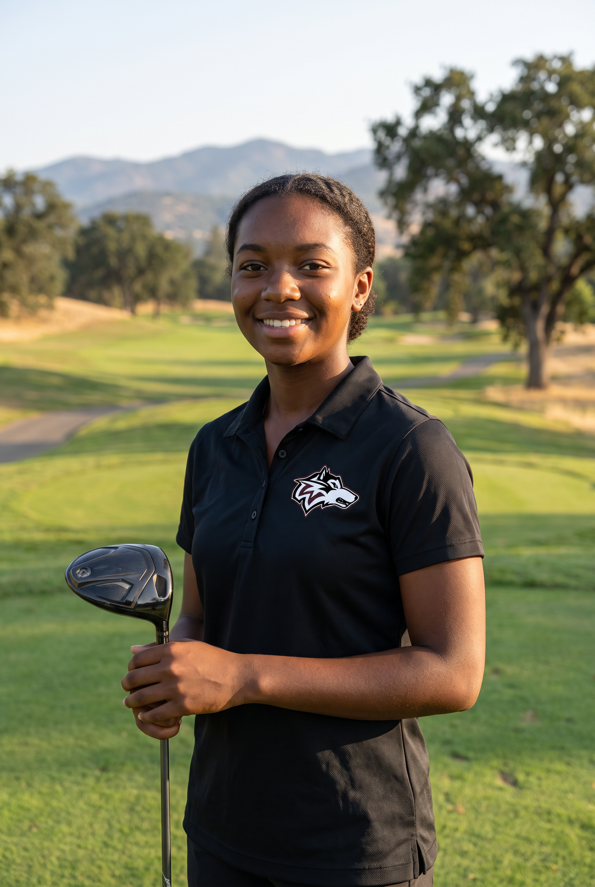 Woodcreek Girls Golf Polo in Black with the Woodcreek wolf head on the left chest, worn on the tee box