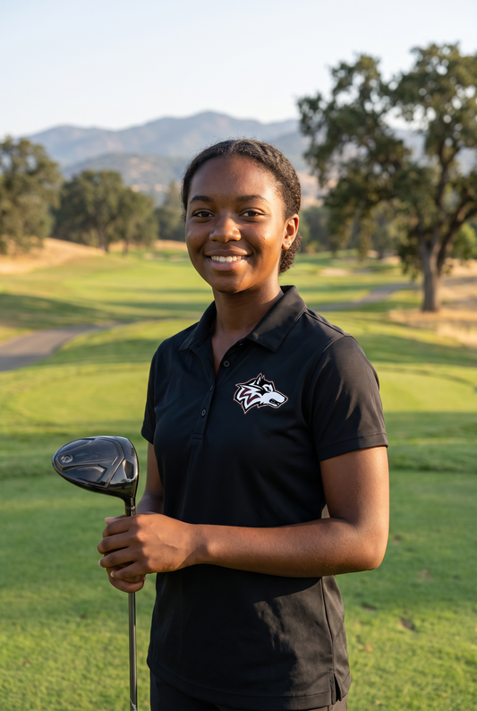 Woodcreek Girls Golf Polo in Black with the Woodcreek wolf head on the left chest, worn on the tee box