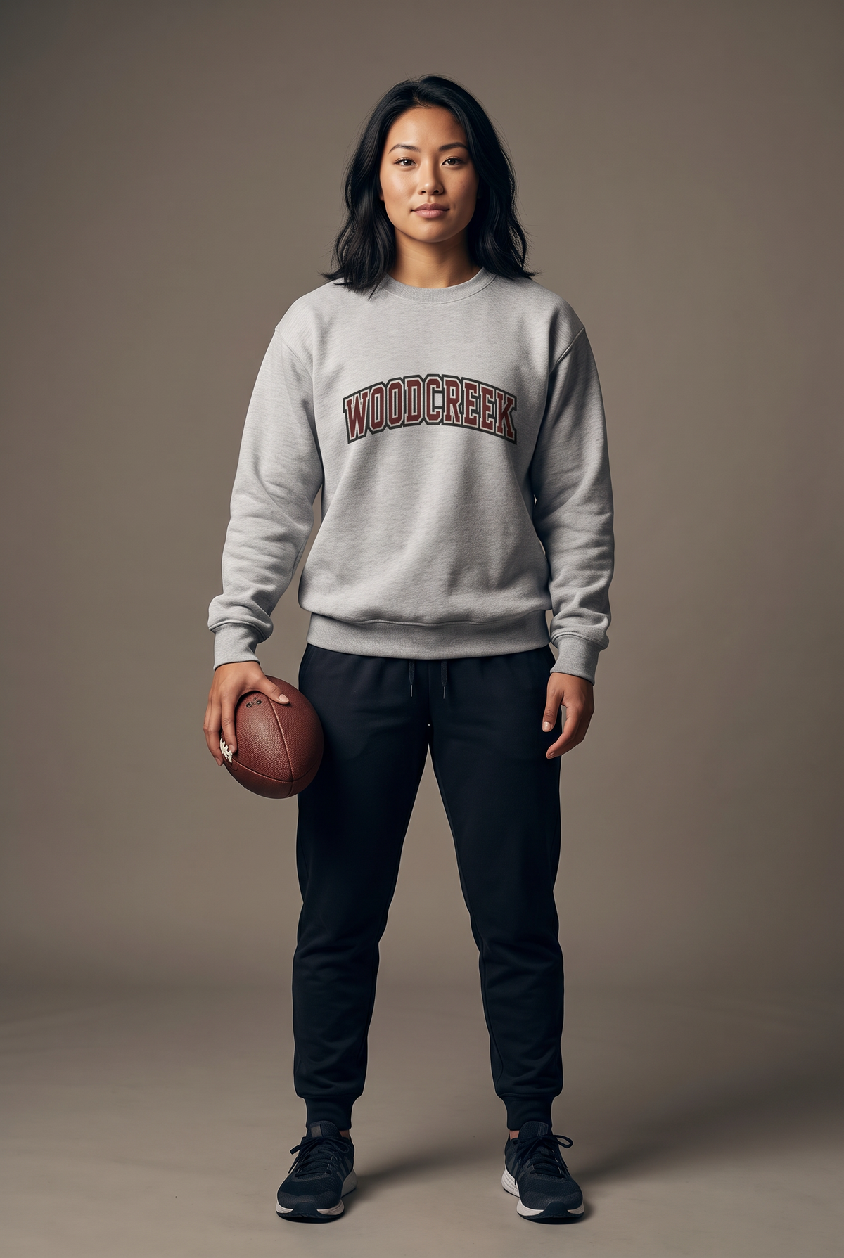 Woodcreek Flag Football college letter crewneck — editorial, worn by athlete