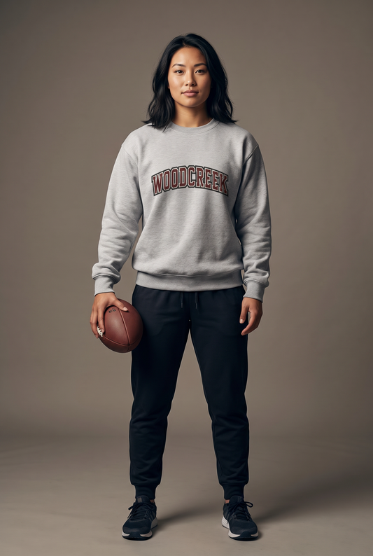 Woodcreek Flag Football college letter crewneck — editorial, worn by athlete