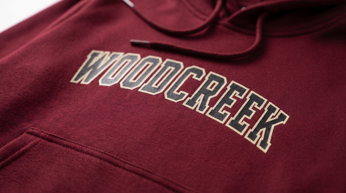 Woodcreek Flag Football college letter hoodie — lettering detail