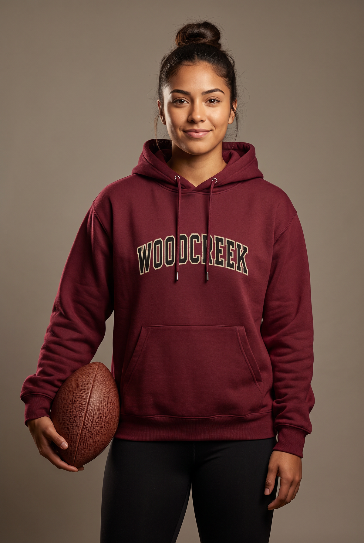 Woodcreek Flag Football college letter hoodie — editorial, worn by athlete