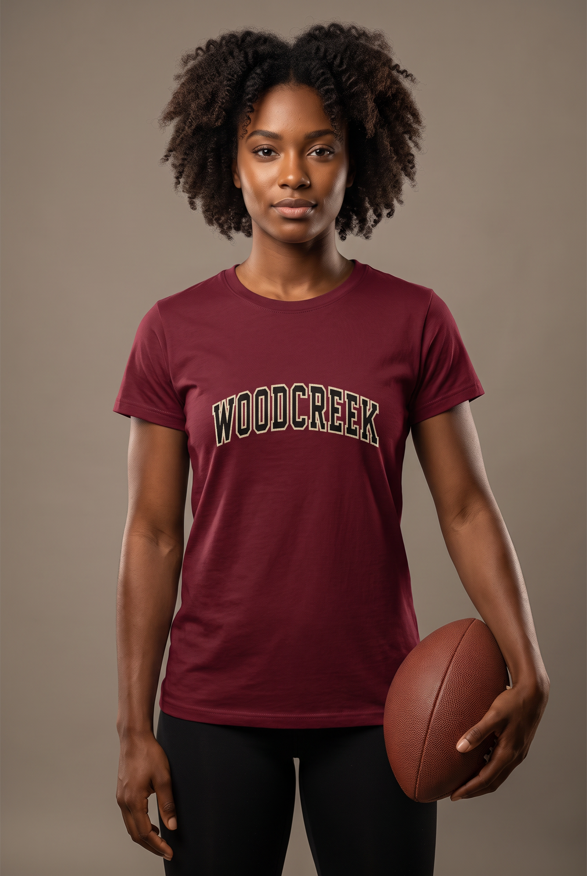 Woodcreek Flag Football college letter tee — editorial, worn by athlete