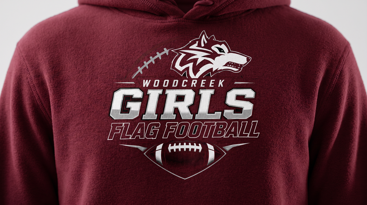 Woodcreek Flag Football gameday hoodie — logo detail