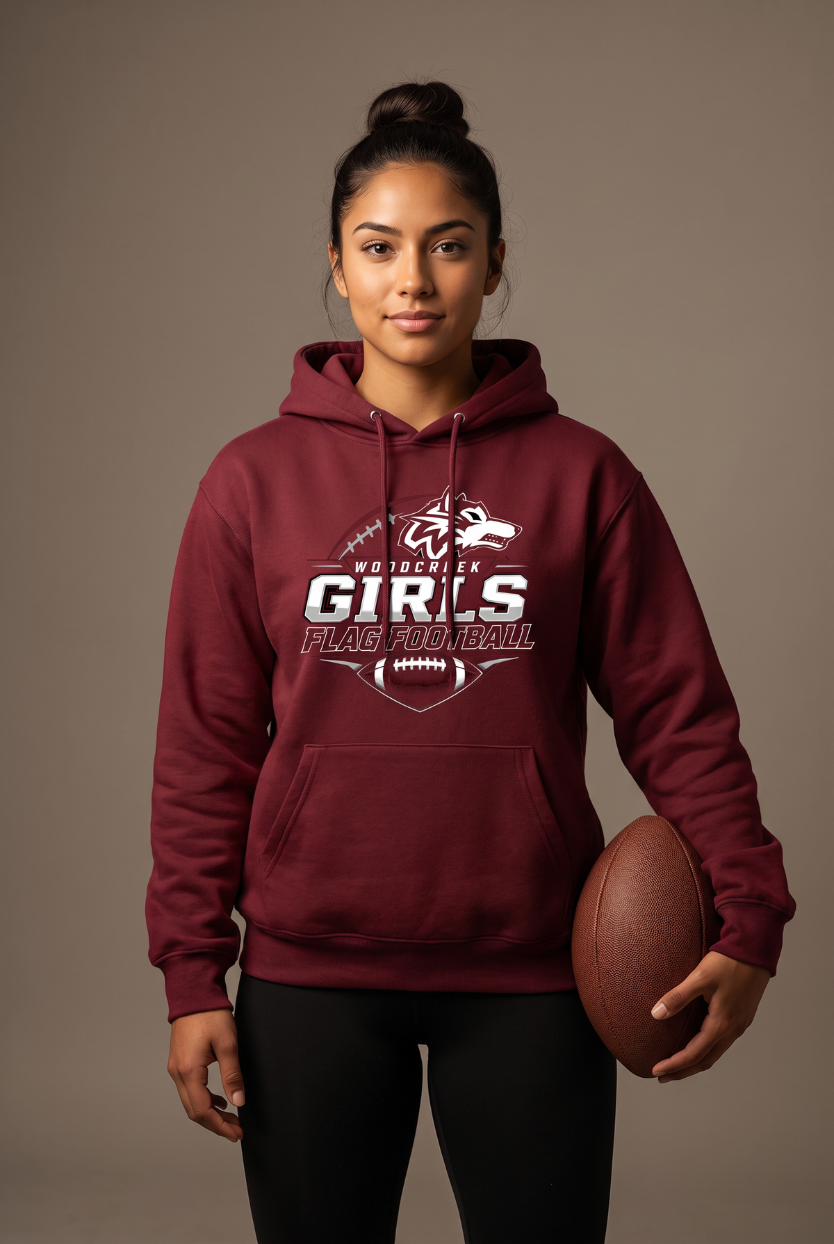 Woodcreek Flag Football gameday hoodie — editorial, worn by athlete