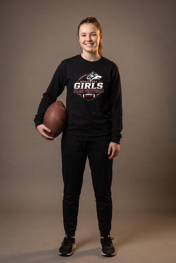 Woodcreek Flag Football gameday long sleeve — editorial, worn by athlete
