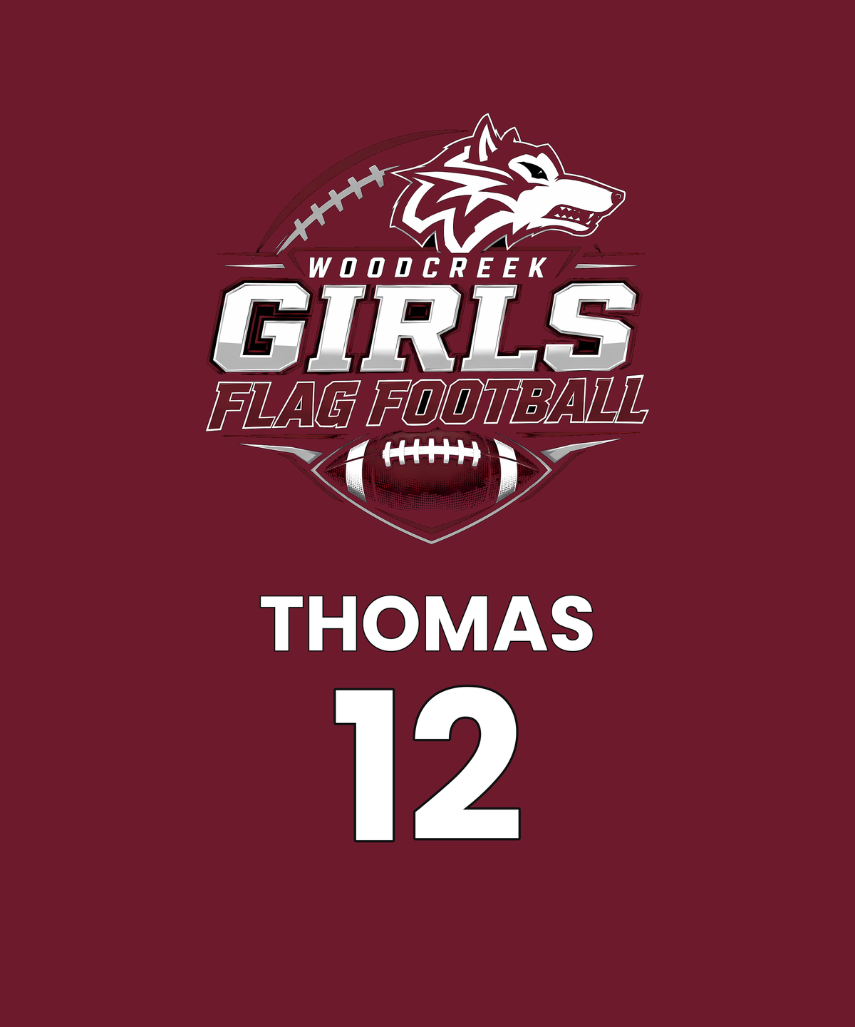 Woodcreek Girls Flag Football blanket design with name and number, flat view