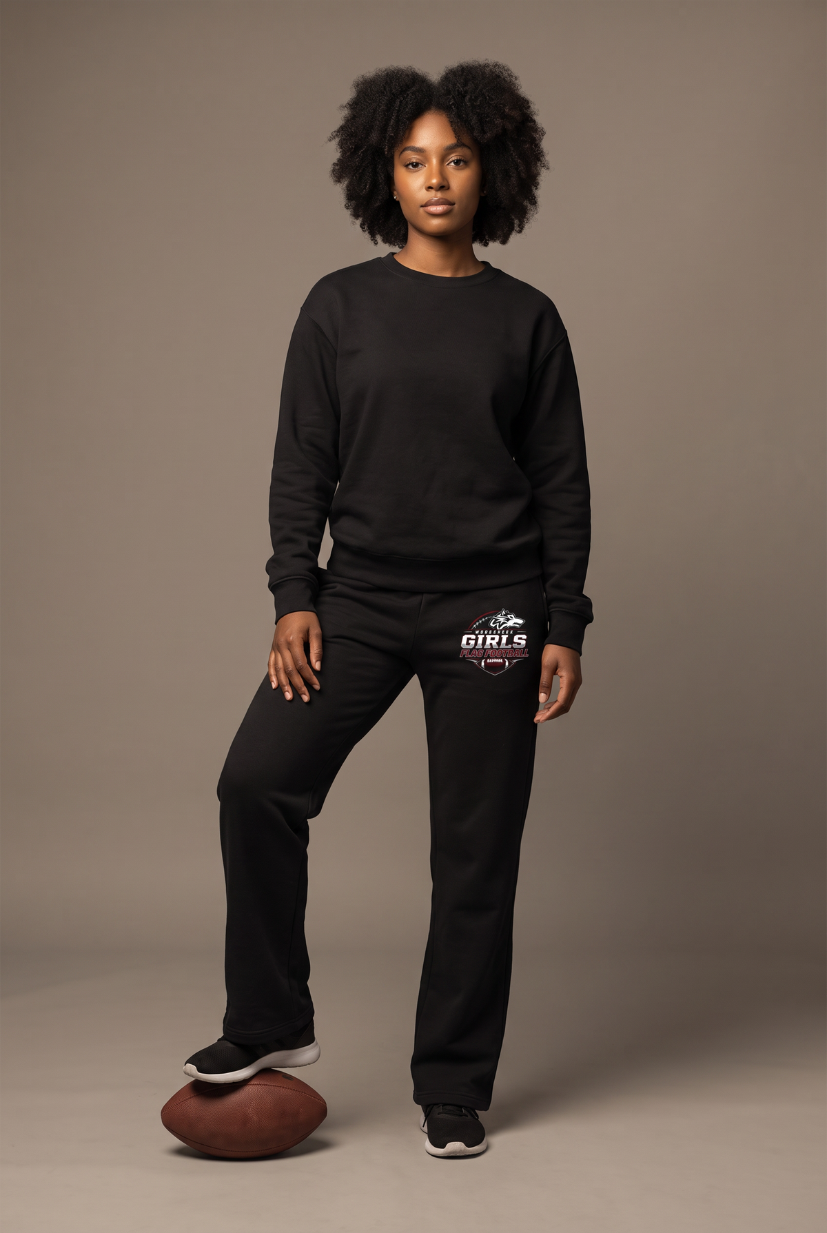 Woodcreek Flag Football sweatpants — editorial, worn by athlete