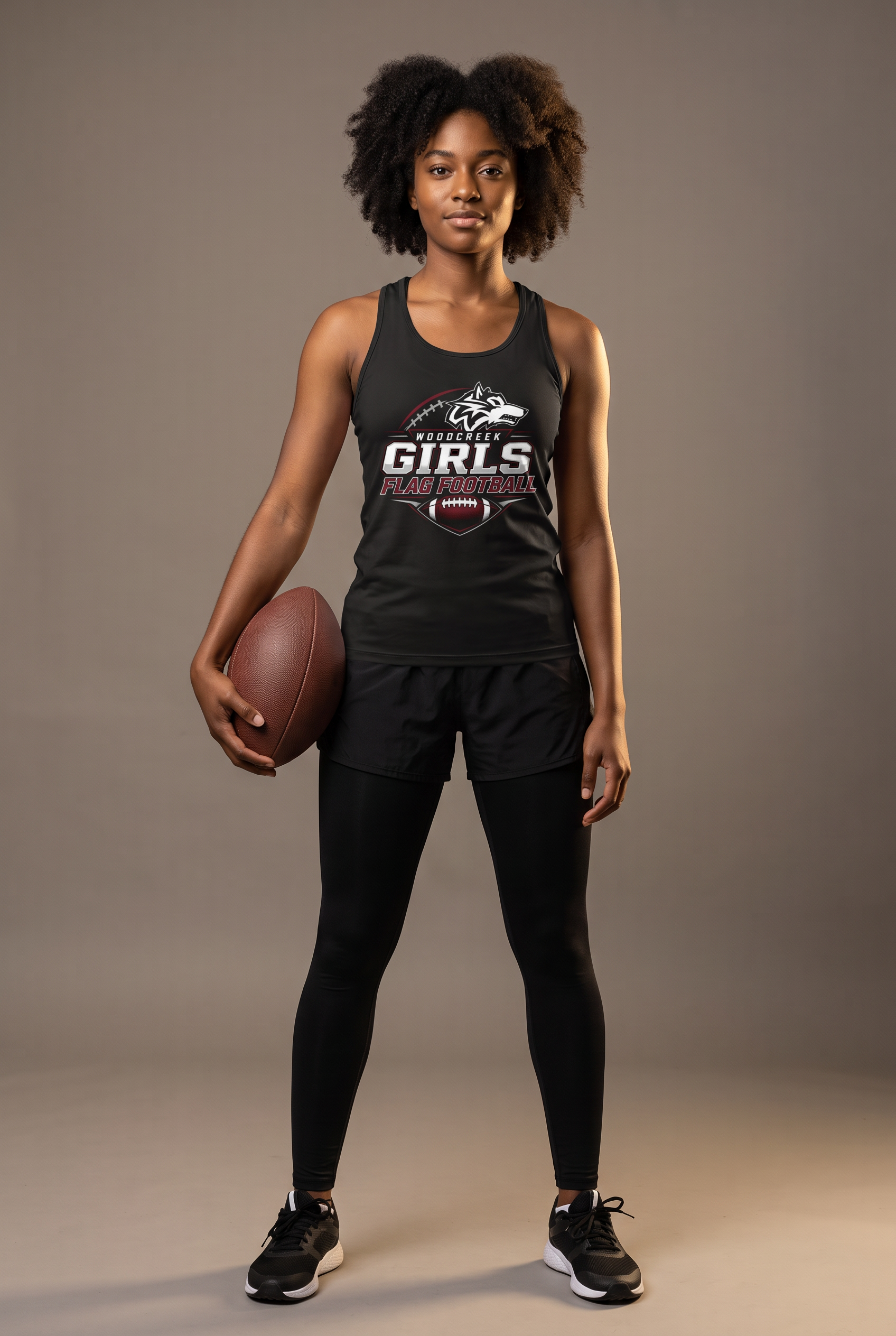 Woodcreek Flag Football women's racerback tank — editorial, worn by athlete