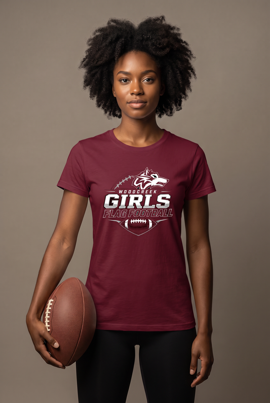 Woodcreek Flag Football gameday tee — editorial, worn by athlete