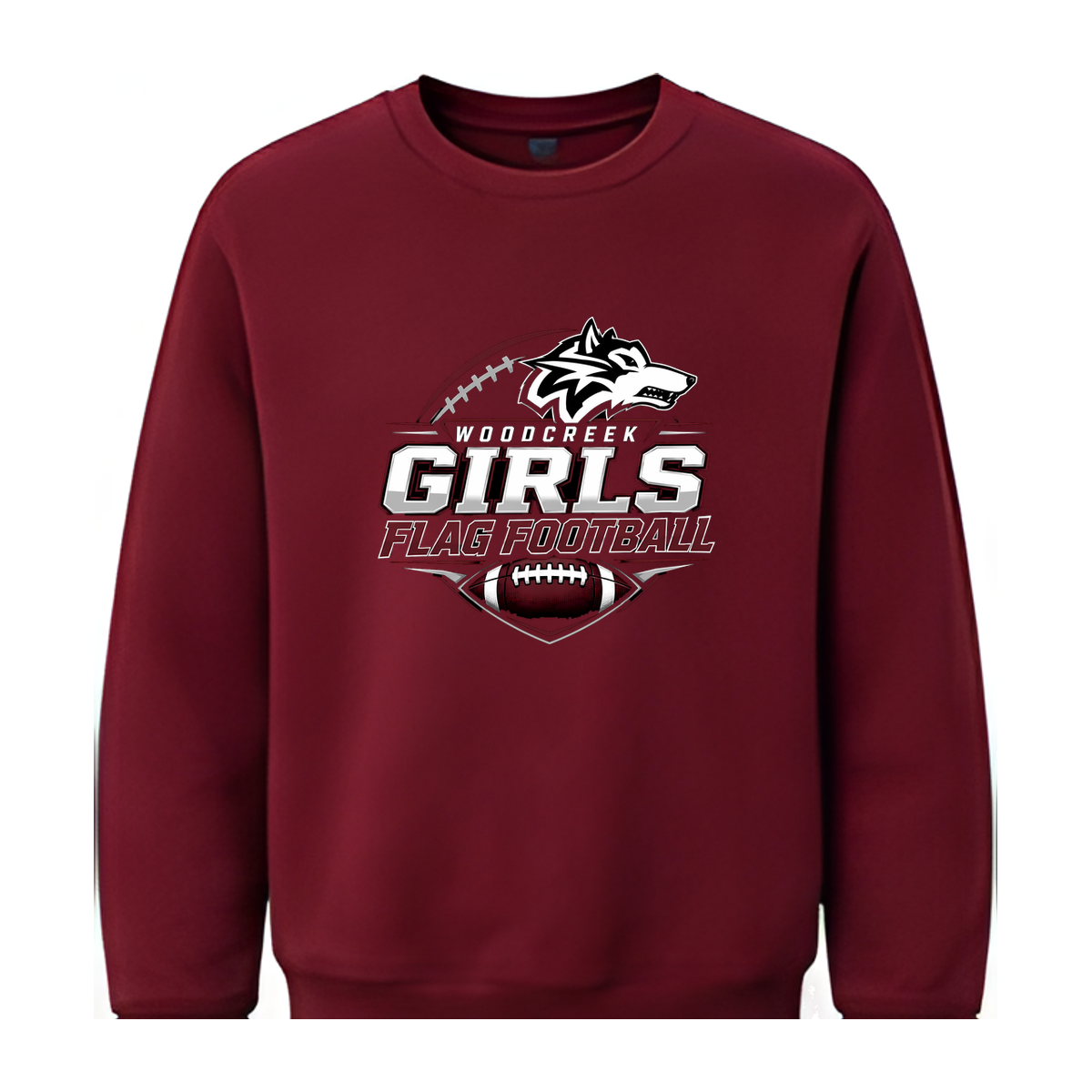 Woodcreek Girls Flag Football Fleece Crewneck — Maroon