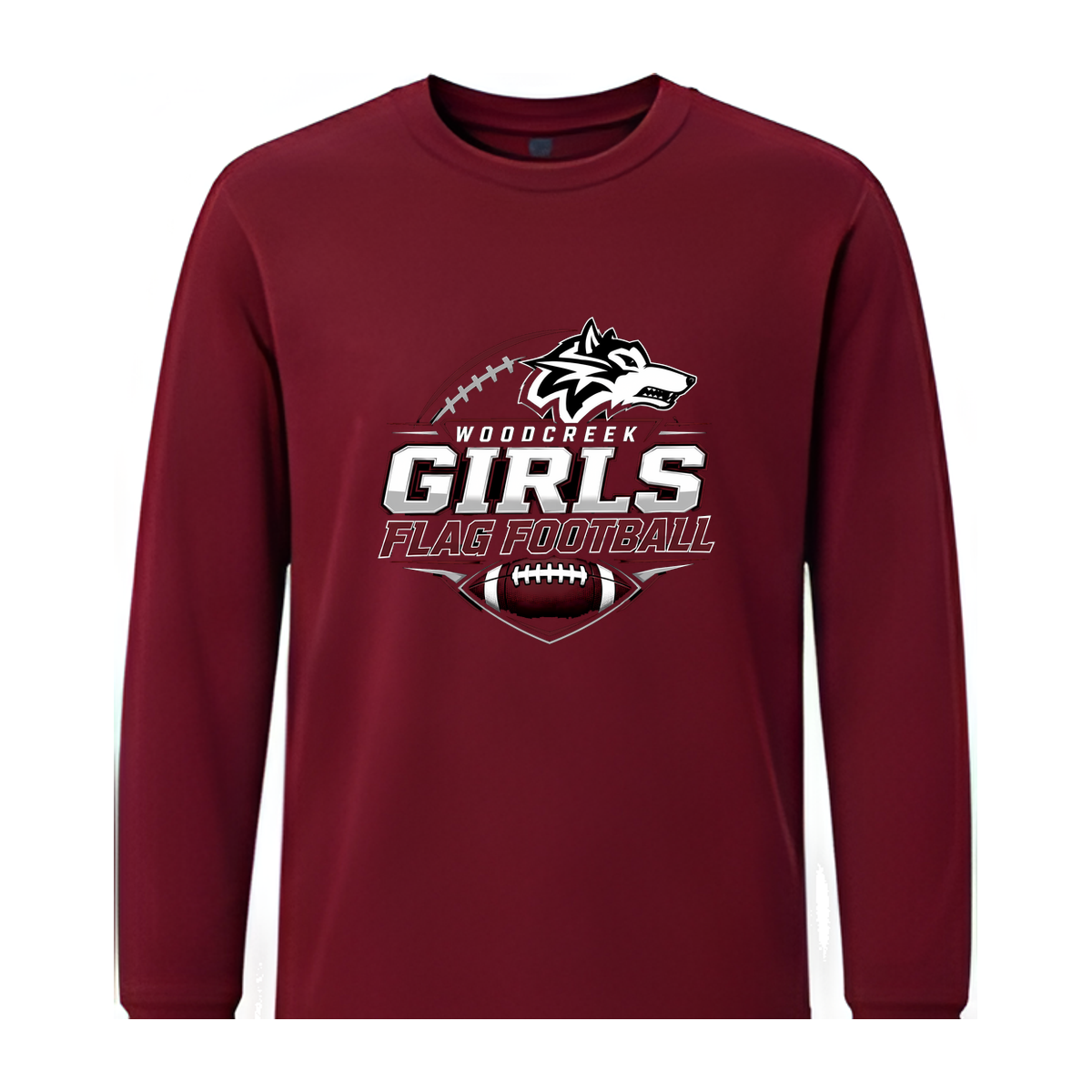 Woodcreek Girls Flag Football Long Sleeve Tee — Maroon