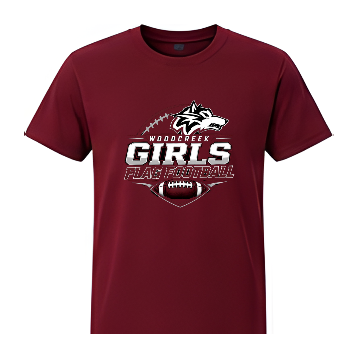 Woodcreek Girls Flag Football Value Tee — Maroon