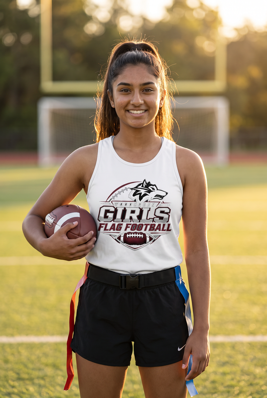 Woodcreek Girls Flag Football Unisex Heavy Cotton Tank in White, worn on the field at golden hour