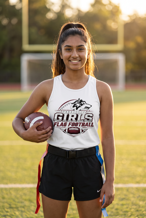 Woodcreek Girls Flag Football Unisex Heavy Cotton Tank in White, worn on the field at golden hour