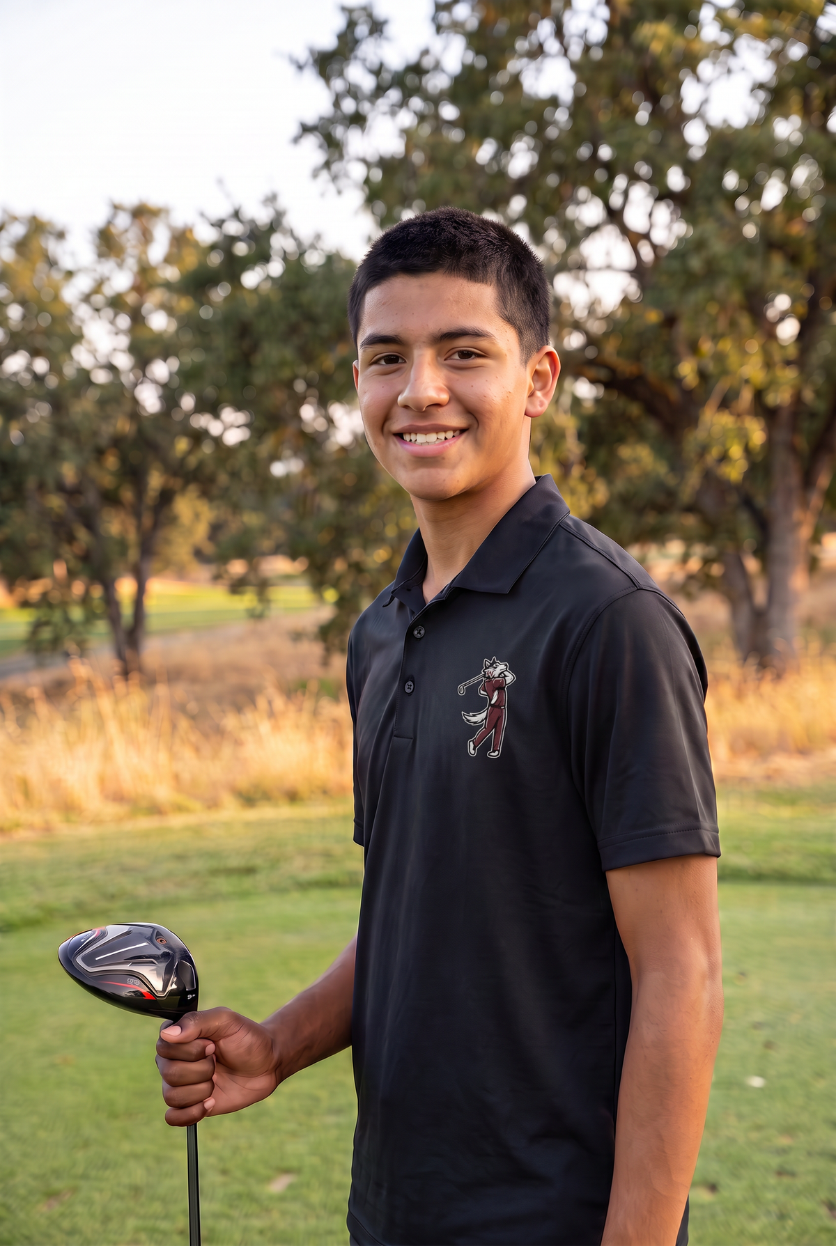 Woodcreek Boys Golf Swing Wolf Polo in Black with the boys Swing Wolf at the left chest, worn on the tee box