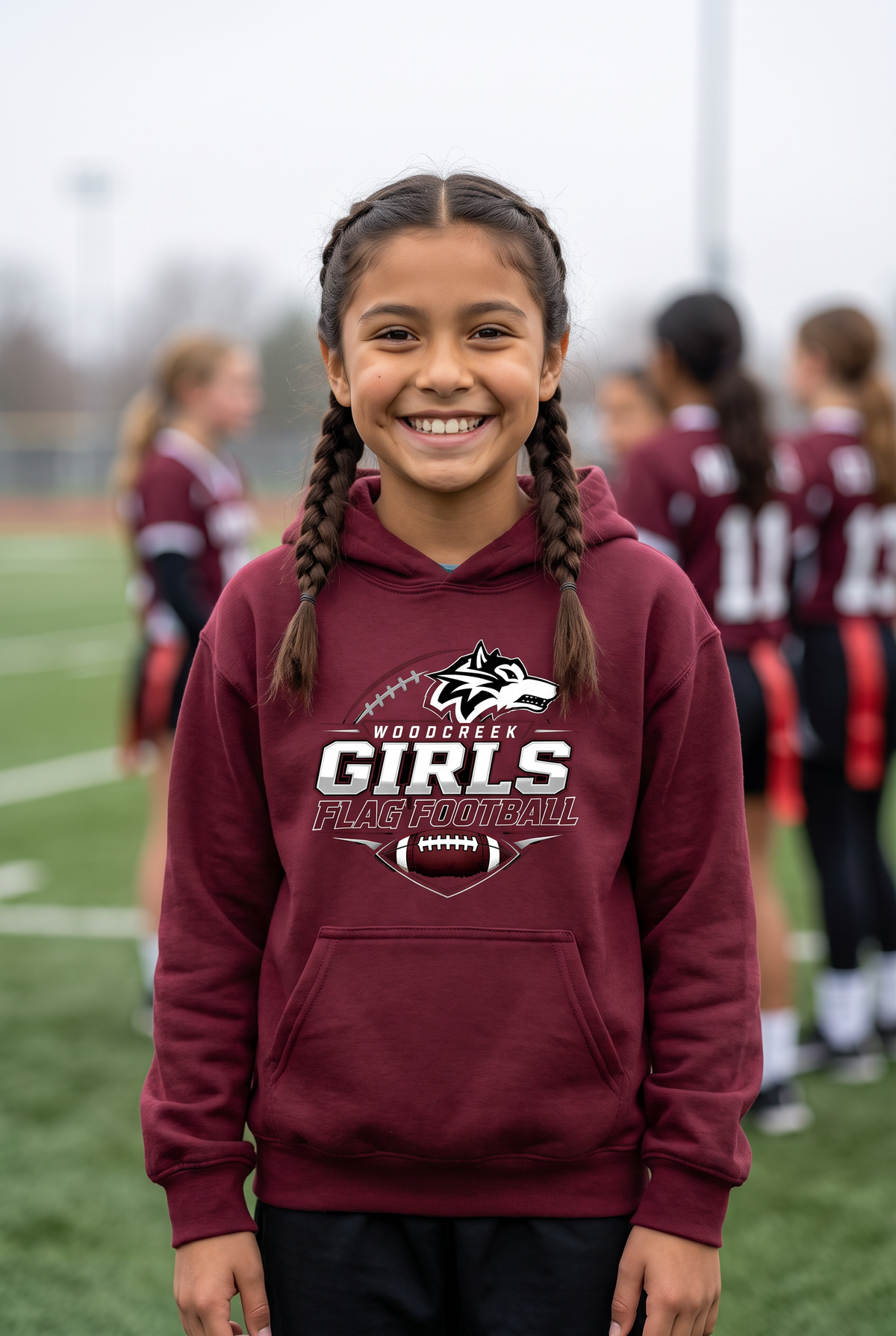 Woodcreek Girls Flag Football Youth Hoodie in Maroon, worn on the sideline