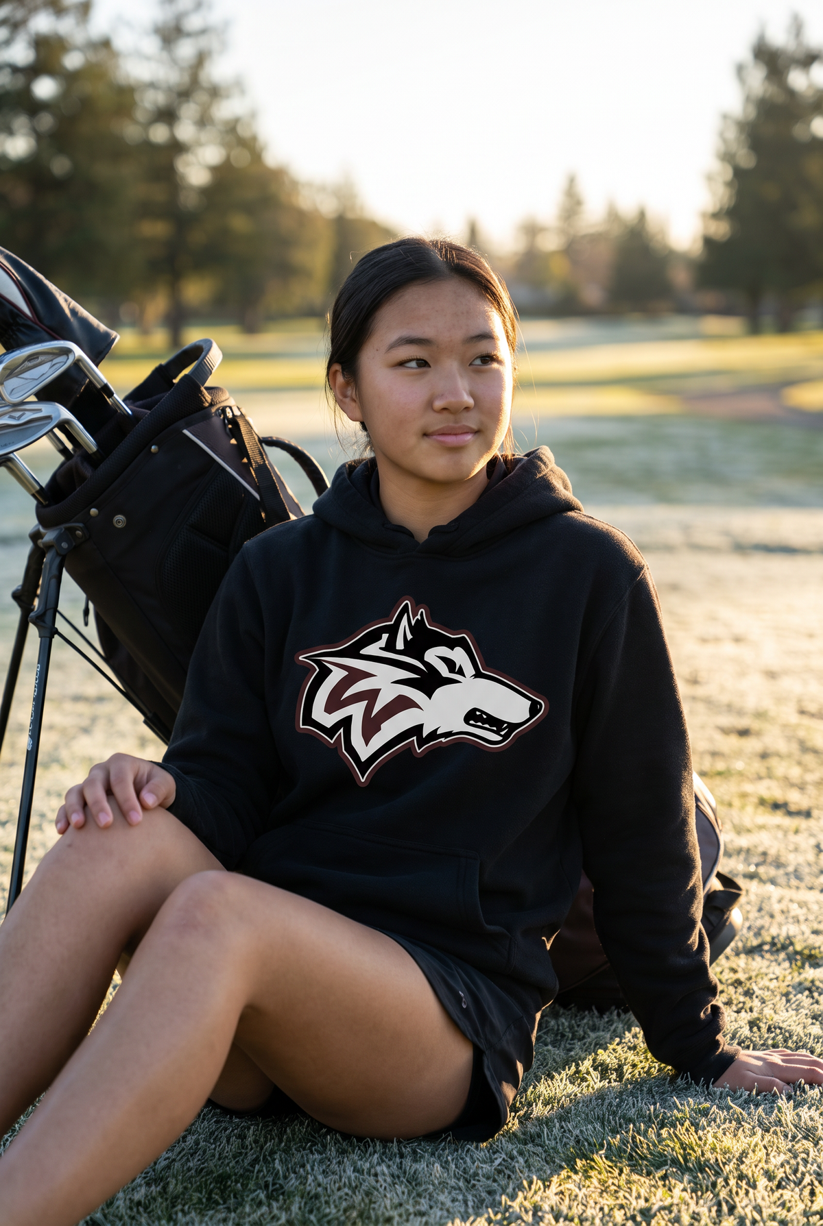 Woodcreek Girls Golf Fleece Hoodie in Black with the Woodcreek wolf head across the chest, worn on a frosty first tee