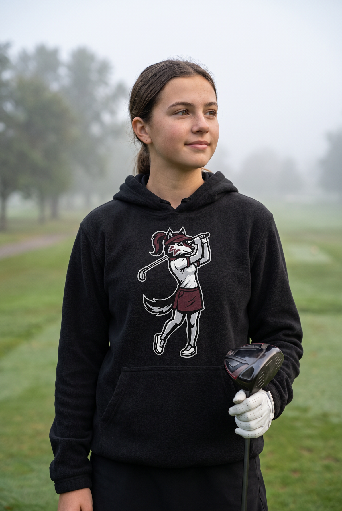 Woodcreek Girls Golf Swing Wolf Fleece Hoodie in Black, second view in morning fog