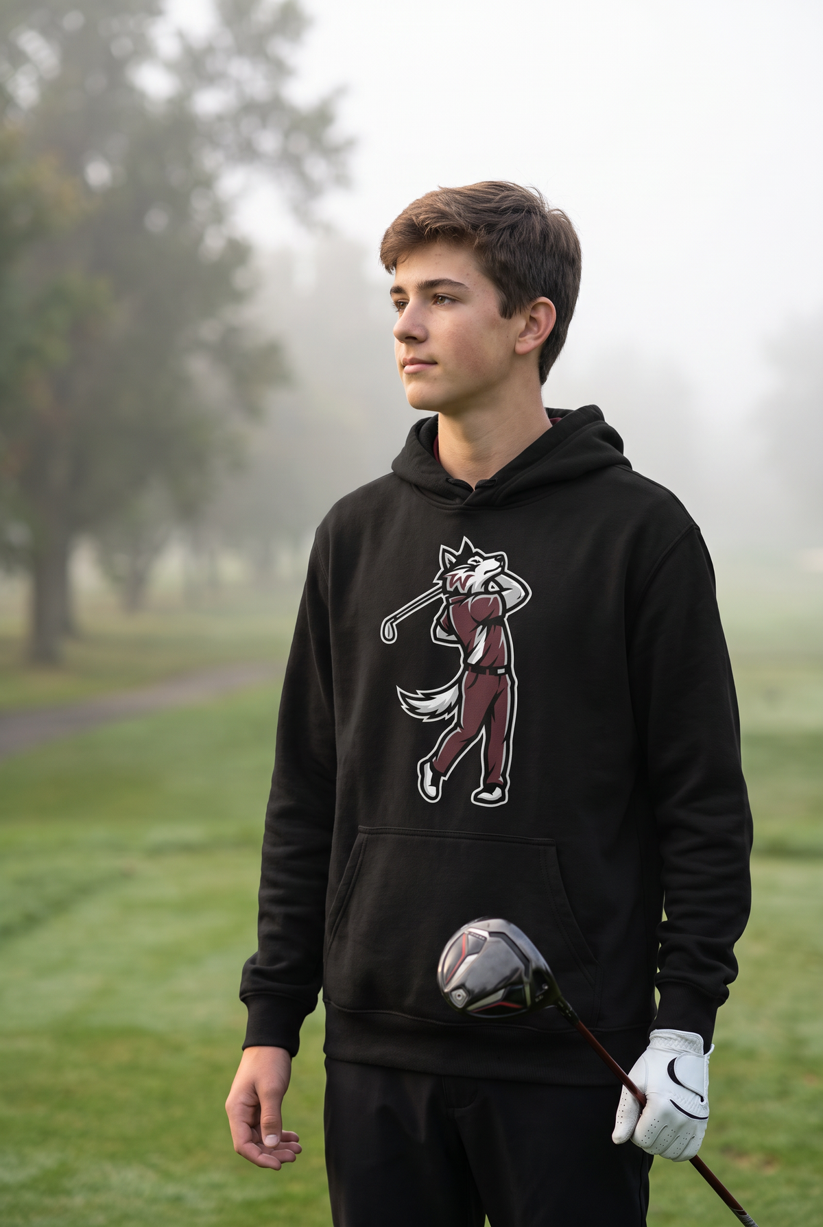 Woodcreek Boys Golf Swing Wolf Fleece Hoodie in Black with the boys Swing Wolf mascot across the chest, worn on a foggy tee box
