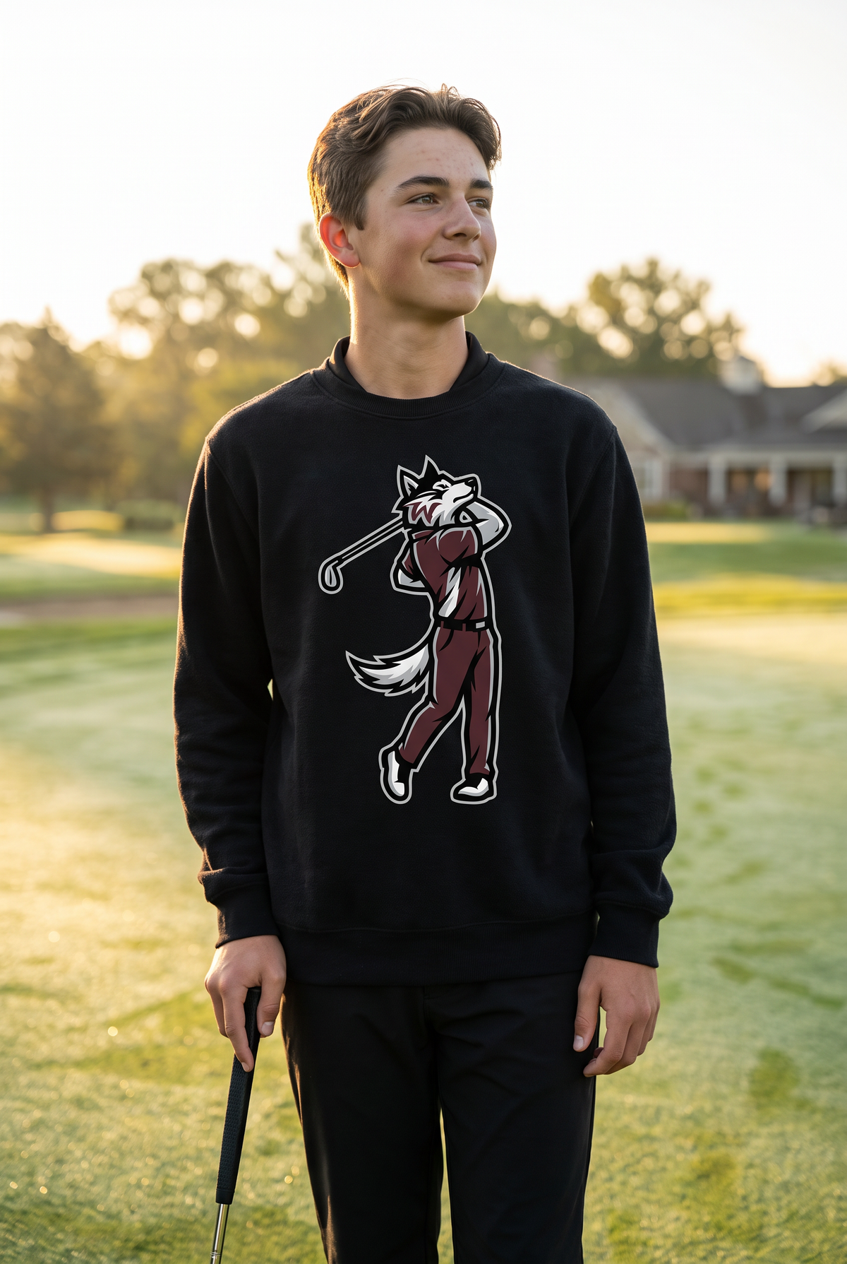 Woodcreek Boys Golf Swing Wolf Fleece Crewneck in Black, second view at sunrise