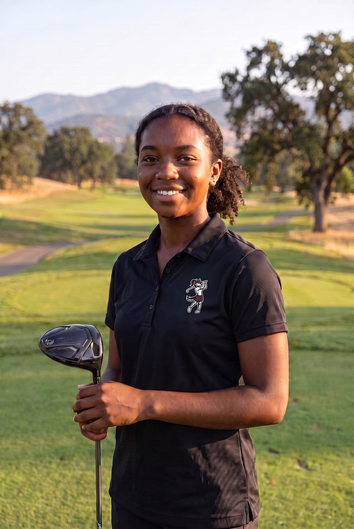 Woodcreek Girls Golf Swing Wolf Polo in Black with the girls Swing Wolf at the left chest, worn on the tee box