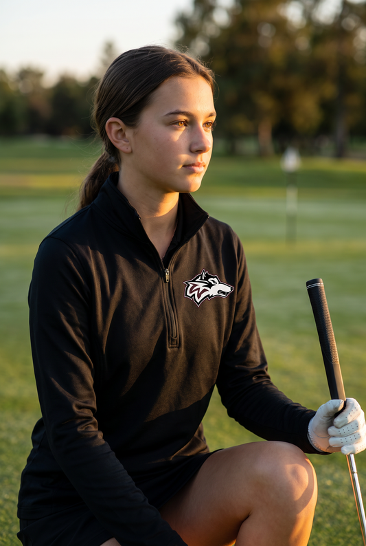 Woodcreek Girls Golf Quarter Zip in Black with the Woodcreek wolf head on the left chest, worn on the practice green