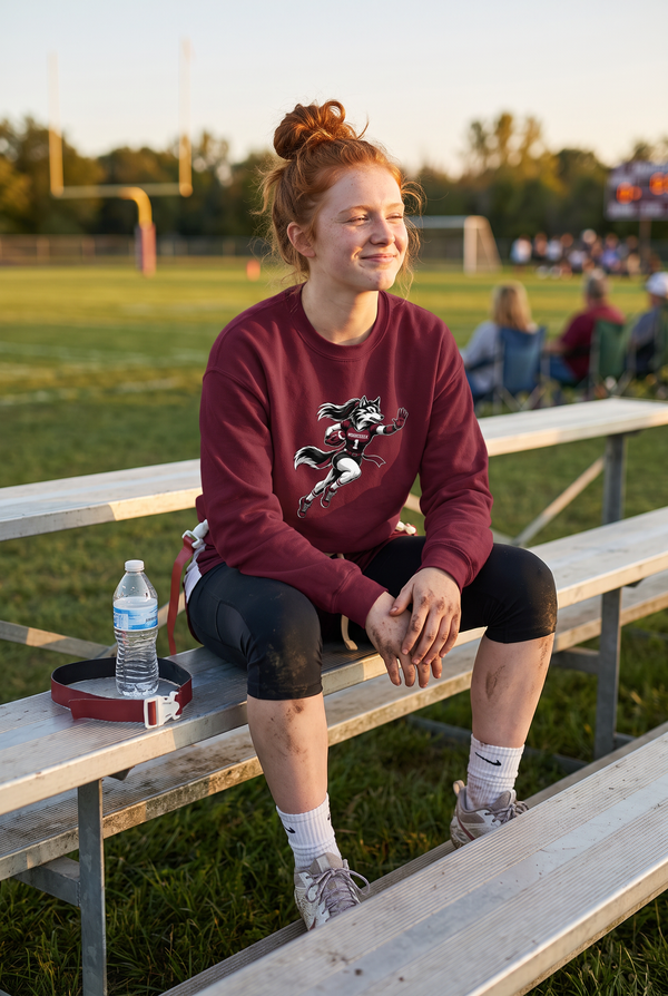 Woodcreek Girls Flag Football Stiff Arm Fleece Crewneck in Maroon, worn on the bleachers after a game