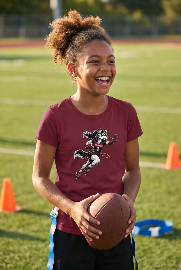 Woodcreek Girls Flag Football Stiff Arm Youth Tee in Maroon, worn at practice