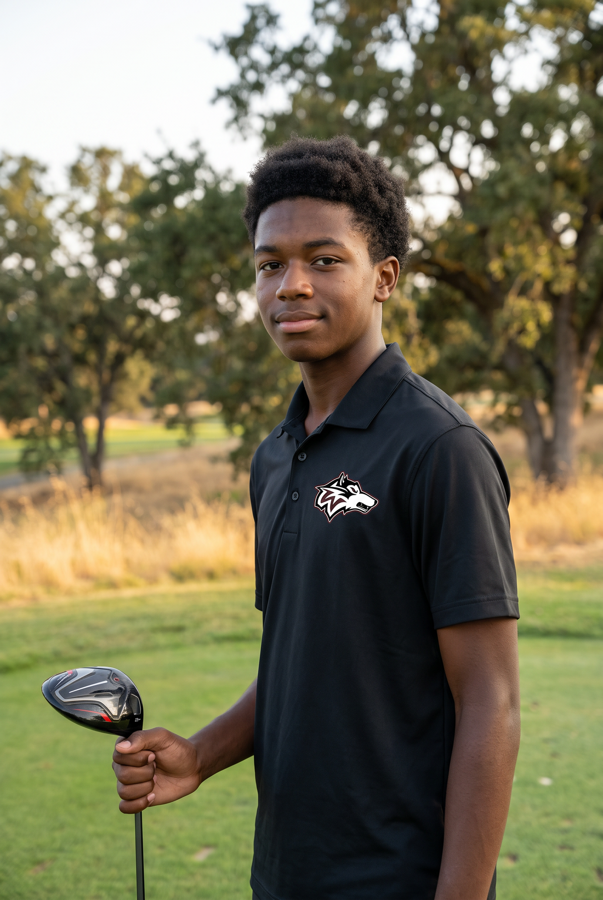 Woodcreek Boys Golf Polo in Black with the Woodcreek wolf head on the left chest, worn on the tee box