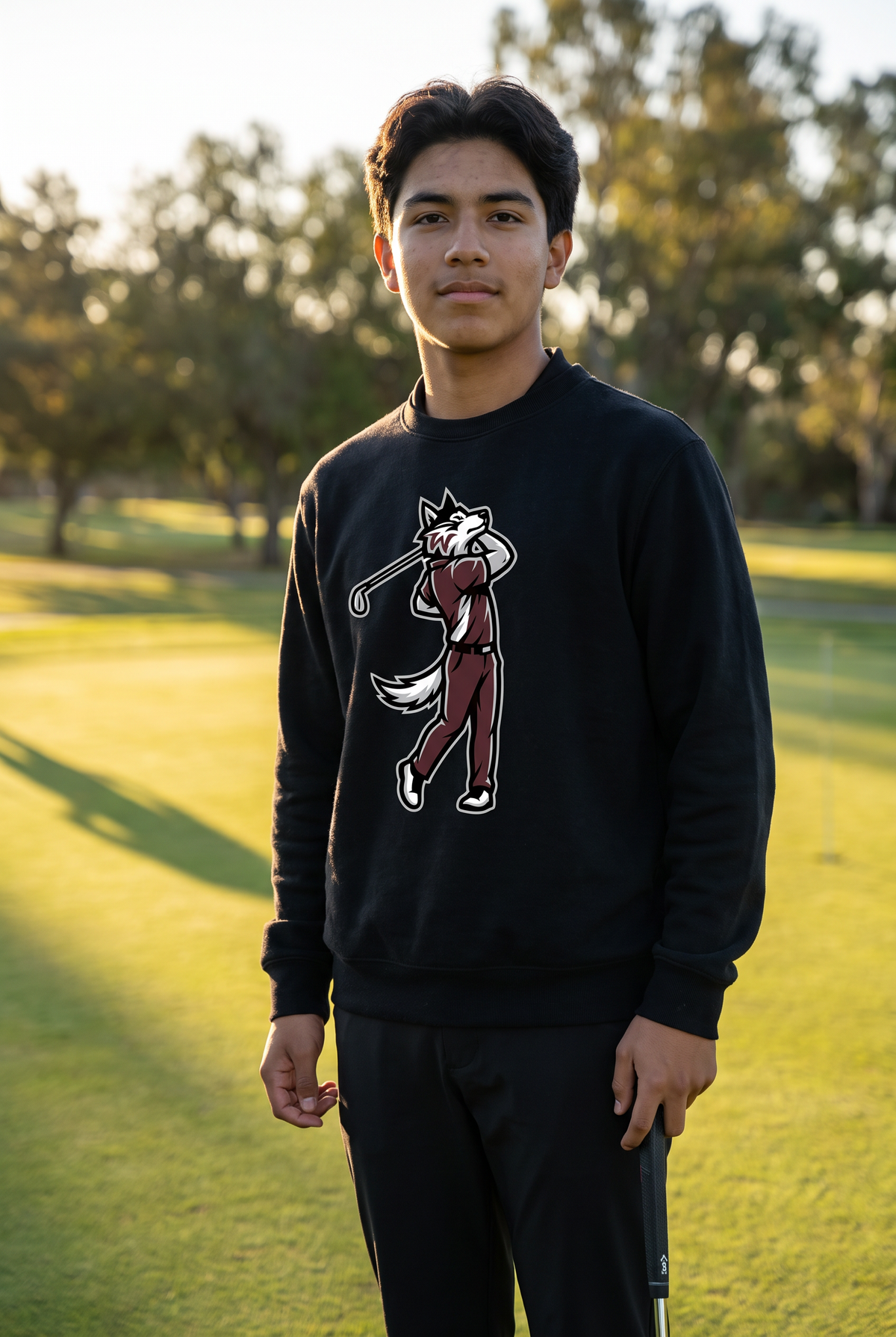 Woodcreek Boys Golf Swing Wolf Fleece Crewneck in Black with the boys Swing Wolf mascot across the chest, worn on the practice green